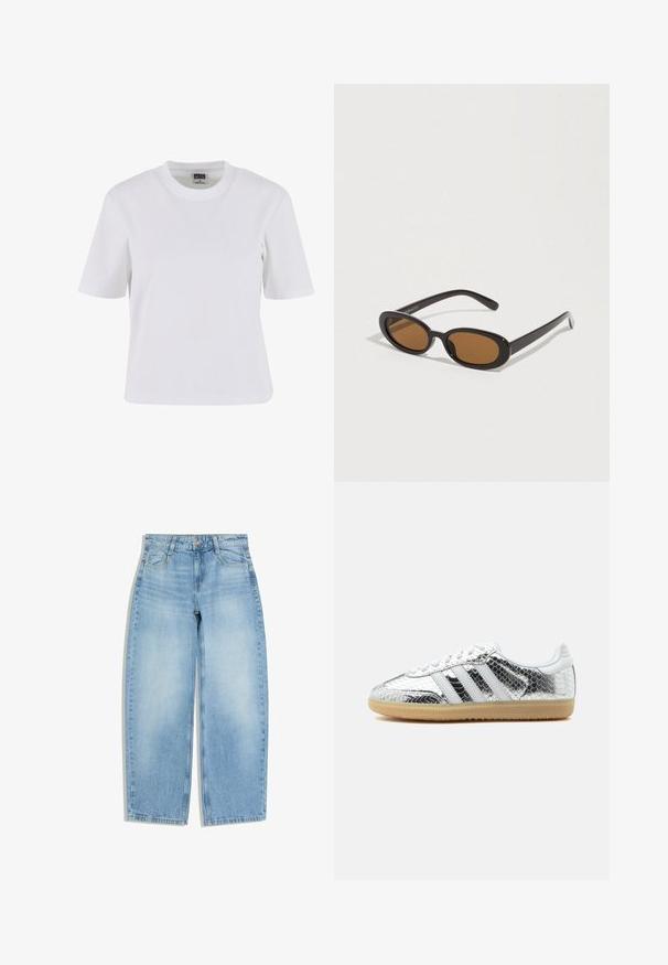 Witte T-shirt met korte mouwen van katoen, met een ronde hals, een ontspannen pasvorm en een gladde textuur met minimale stiksels.; Lichtblauwe jeans met wijde pijpen, voorzakken, riemlussen en een knoopsluiting op een witte achtergrond.; Low-top sneaker met zilveren metallic slangenhuidtextuur, witte strepen, witte veters en lichte gumzool op een witte achtergrond.; Zonnebril met ovale bruine glazen, zwarte kunststof monturen en dunne armen. Soepele textuur met een minimalistisch ontwerp.