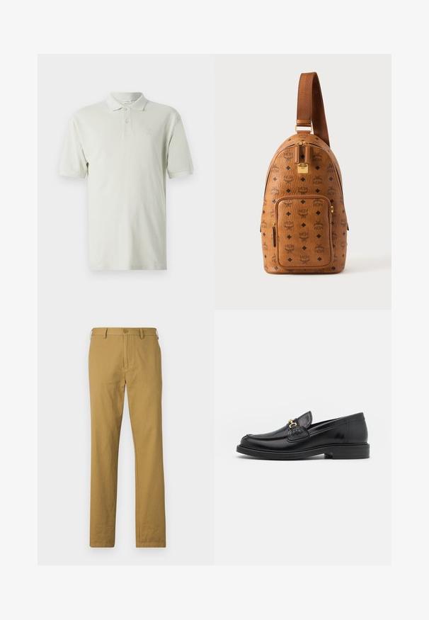 Lys beige polo skjorte med korte ærmer, klassisk krave og tre-knaps lukning. Diskret logo broderet på brystet. Elastisk bomuldsstof.; Beige bomuldsbukser med lige snit, frontlommer og knaplukning. Glat tekstur og minimalistisk design, ingen synlige mønstre.; Sorte læder loafers med en rund tå, der har guld hardware accent og syningsdetaljer, placeret på en lav, tekstureret gummisål.; Brun læder sling rygsæk med sort diamant- og MCM-logo mønster, lynlåslomme foran, guldfarvet lynlås og justerbar rem.