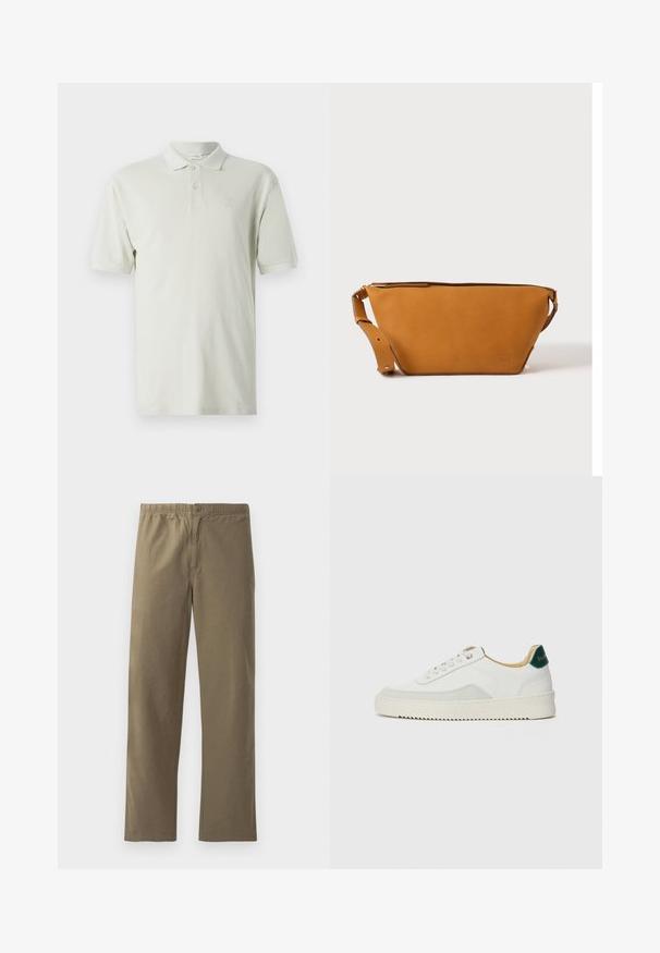 Polo shirt beige clair à manches courtes, col classique et patte de boutonnage à trois boutons. Logo subtil brodé sur la poitrine. Tissu en coton extensible.; Pantalons kaki en tissu léger. Dotés d'une taille élastique, d'une fermeture à boutons, de jambes droites et d'une texture lisse.; Baskets blanches avec des accents en daim, bout arrondi, lacets plats et semelle en caoutchouc crème. Présente une marque verte sur le talon.; Sac bandoulière en cuir marron clair avec sangle réglable et fermeture éclair, présenté sur un fond clair uni.