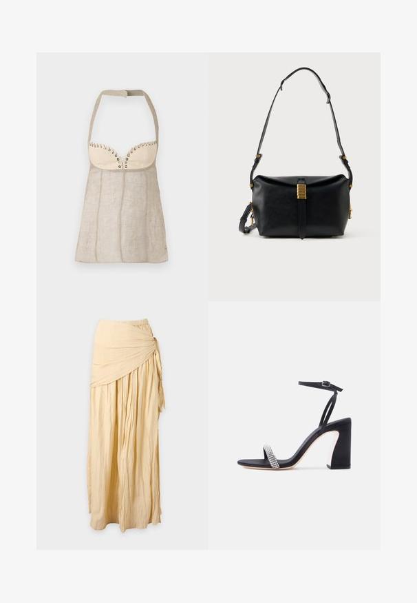 Haut à bretelles en lin beige clair avec une poitrine structurée, présentant des œillets décoratifs et une silhouette évasée en A.; Longue jupe beige avec tissu froncé et détail de nœud torsadé sur le côté droit, présentée sur un fond uni.; Sandale noire à talon haut avec bride à la cheville et bride ornée de strass étincelants sur fond blanc.; Sac à bandoulière en cuir noir avec une sangle ajustable et des détails en métal doré sur le centre avant.