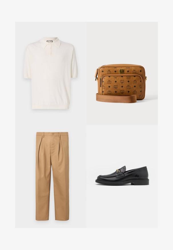 Polo à manches courtes en crème avec un col classique, patte de boutonnage à quatre boutons et ourlet côtelé. Fabriqué à partir d'un tissu doux et léger.; Pantalons en coton beige avec une coupe décontractée, un design plissé, une taille avec fermeture à bouton, et une coupe droite. Texture lisse sans motifs.; Mocassins en cuir noir avec un embout rond, présentant des accents en métal doré et des détails de couture, montés sur une semelle en caoutchouc texturé et basse.; Sac bandoulière en cuir fauve avec logos MCM noirs, poche avant zippée, plaque dorée et sangle en tissu réglable sur fond blanc.