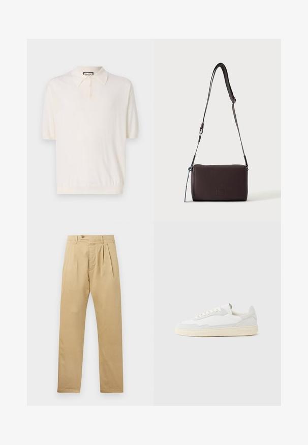 Polo à manches courtes en crème avec un col classique, patte de boutonnage à quatre boutons et ourlet côtelé. Fabriqué à partir d'un tissu doux et léger.; CLOSED BERGEN TAPERED - Chino - beige; Baskets blanches avec dessus en daim et cuir texturé. Caractérisées par un bout arrondi, une fermeture à lacets et une semelle en caoutchouc beige contrastante.; Sac bandoulière en cuir marron foncé texturé avec une sangle réglable et un petit accent décoratif bleu sur le côté.