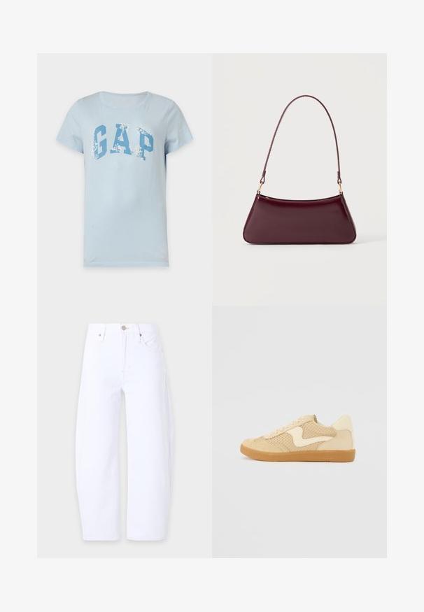 T-shirt bleu clair à manches courtes avec grand logo GAP bleu et motifs floraux blancs sur les lettres, présenté sur un fond uni.; Jean blanc uni droit avec poches avant, passants de ceinture et fermeture par bouton à la taille sur un fond clair.; Sneaker beige avec des matériaux en daim et en maille, forme arrondie, col rembourré proéminent et semelle en caoutchouc gomme. Présente un accent de design en forme de vague.; Sac à main brillant bordeaux foncé avec une anse fine unique et une forme trapézoïdale élégante sur un fond clair uni.