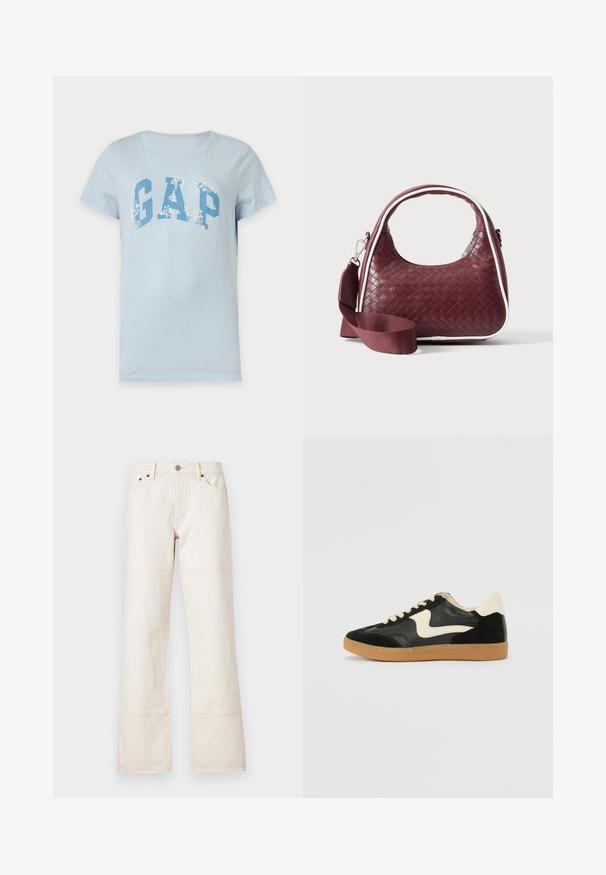 T-shirt bleu clair à manches courtes avec grand logo GAP bleu et motifs floraux blancs sur les lettres, présenté sur un fond uni.; Jean large, taille haute en denim beige. Comprend des poches, une fermeture à bouton à l'avant et des coutures contrastées le long des coutures.; Baskets en daim et cuir noir avec un swoosh latéral crème et un talon crème clair. Dotées de lacets beige et d'une semelle en caoutchouc gomme.; Sac à main en cuir tressé marron foncé avec poignée courbée, garniture blanche, fermeture éclair argentée et bandoulière large en tissu amovible sur fond uni.