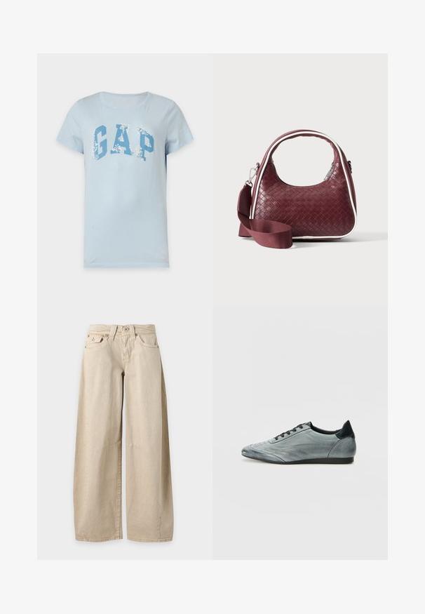 T-shirt bleu clair à manches courtes avec grand logo GAP bleu et motifs floraux blancs sur les lettres, présenté sur un fond uni.; Jean beige à jambes larges avec cinq poches et coutures visibles aux genoux, présenté à plat sur un fond uni gris clair.; Baskets en cuir gris clair au design épuré, avec des détails cousus, des lacets noirs et un accent de talon foncé. Semelle en caoutchouc.; Sac à main en cuir tressé marron foncé avec poignée courbée, garniture blanche, fermeture éclair argentée et bandoulière large en tissu amovible sur fond uni.