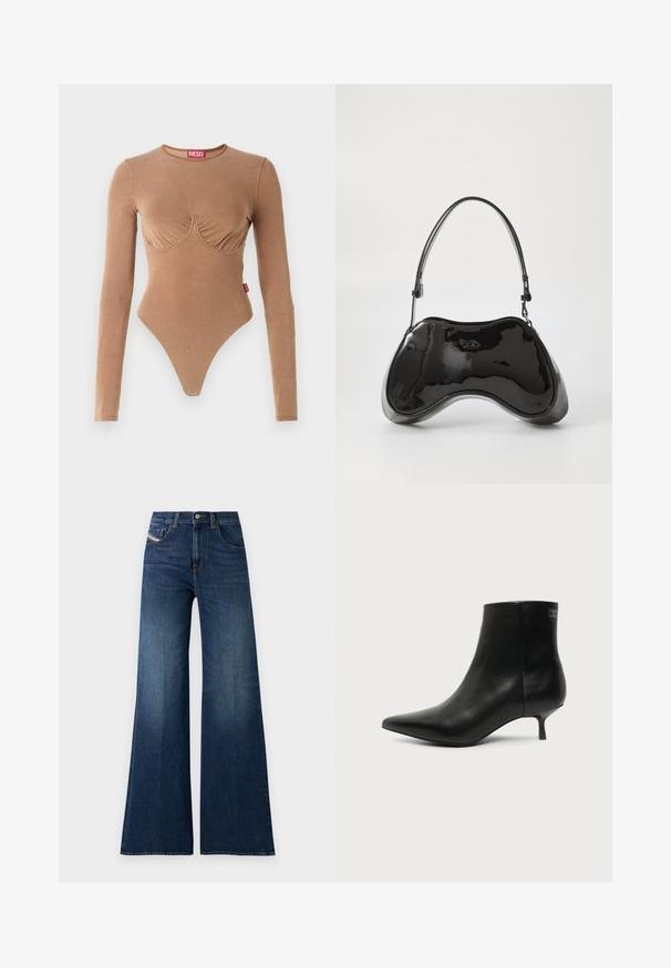 Body de manga larga marrón con escote redondeado y diseño de pecho fruncido. Fabricado con tela suave, presenta un fondo tipo tanga y una pequeña etiqueta con logo.; Jeans de pierna ancha de talle alto en azul oscuro, con bolsillos delanteros y para monedas, cierre de botón y sutiles detalles de desgastado en los muslos.; Botín de piel negra con puntera puntiaguda y tacón bajo estilo kitten sobre fondo claro, mostrando vista lateral exterior.; Bolso de mano de piel sintética negra con un diseño curvado único, asas cortas y ajustables, y abertura con cremallera en la parte superior. Textura suave con una sutil marca.