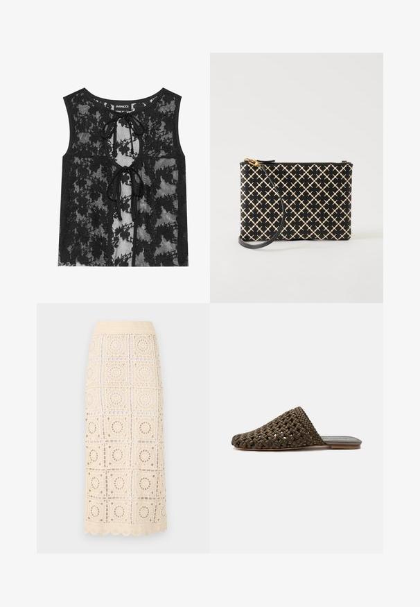 Débardeur en dentelle noire avec un motif floral, devant à ouverture en clé avec des détails de liens et un col rond. Le tissu transparent ajoute de la texture.; Malina KAHLO - Jupe longue - cream; Mule tissée marron à enfiler avec une semelle plate et un bout fermé arrondi sur fond blanc.; Pochette bracelet noire et beige à motifs avec une fermeture éclair dorée et une sangle noire amovible, présentée sur fond blanc.