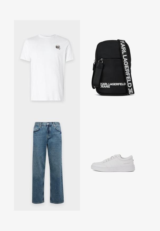 Hvid bomulds-t-shirt med et lille sort og hvidt grafik på venstre brystområde. Klassisk rund hals og korte ærmer.; Blå denimjeans med lige pasform, der har fem lommer, en knap- og lynlåslukning samt synlige stikninger.; Hvide lædersneakers med et klassisk lavtop-design, flad sål og subtilt brandlogo på hælen. Har fem metaløjer til snørebånd.; Sort stof crossbody tas med rektangulær form, der har en lynlåslukket frontlomme og en kontrasterende logo-rem i hvid.