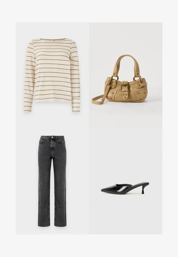 Top de manga larga beige con rayas horizontales marrón oscuro, con un escote redondo y textura suave. Diseño simple y versátil.; Jeans gris de mezclilla de pierna recta con un acabado descolorido, diseño de cinco bolsillos y cierre con botón. Presenta costuras clásicas a lo largo de las costuras.; Mulas de charol negro con punta afilada, tacón bajo tipo kitten y lados curvados, con acabado brillante y diseño minimalista.; Bolso de cuero beige con doble asa, hebilla y remaches de latón, y una correa de hombro ajustable sobre un fondo blanco.