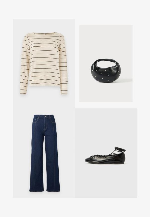 Beige langærmet top med mørkebrune vandrette striber, med rund halsudskæring og blød tekstur. Enkel og alsidig design.; Mørkeblåt denim brede ben jeans med fremtrædende syninger, høj talje og fem lommer. Har en front lukning med knap og lynlås.; Sorte balletflade sko i laklæder med rundet tå, snørelukning og flad sål. Glat tekstur med få detaljer.; Sort læderhåndtaske med en rundet form, dekoreret med sølvnitter, og et kort håndtag. Glat tekstur og lynlåslukning.