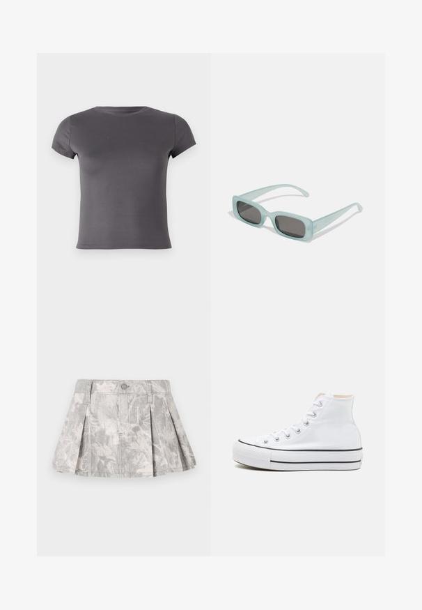 Grijze T-shirt met korte mouwen van gladde stof, met een ronde halslijn en een vrouwelijke pasvorm zonder zichtbare patronen of accenten.; Grijze denim rok met plooien, voorzien van een subtiel bladerenpatroon in lichtere tinten. Klassieke snit met een tailleband en sluiting met metalen knoop.; Witte hoge sneakers van canvasmateriaal, zwarte rubberen zool en contrasterende zwarte streep op de tussenzool. Circulaire neus en vetersluiting.; Een paar rechthoekige zonnebrillen met lichtblauwe doorzichtige monturen en donkergrijze glazen, met rechte pootjes en minimale hardwaredetails.
