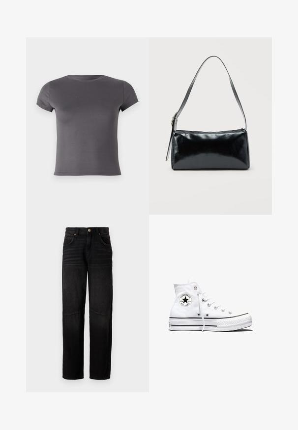 Camiseta gris de manga corta hecha de una tela suave, con un escote redondo y un diseño ajustado sin patrones ni acentos visibles.; Vaqueros de denim negro con corte recto, estilo de cinco bolsillos, cierre de botón y sutil desgaste en los muslos y las rodillas.; Zapatilla blanca de caña alta Converse Chuck Taylor All Star con parche de logo negro y cordones blancos, presentada sobre fondo blanco.; Bolso de hombro rectangular negro con una correa ajustable y un cierre de cremallera superior sobre un fondo liso.