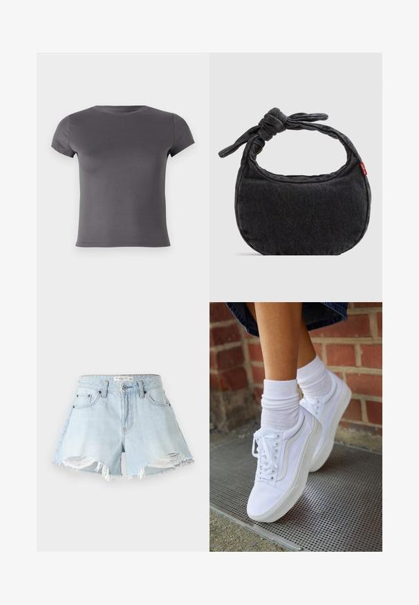 Grå kortærmet T-shirt lavet af glat stof, med en rund udskæring og en tætsiddende pasform uden synlige mønstre eller detaljer.; Lysblå denim cut-off shorts med distressed kant, frynset kanter og klassisk fem-lomme design. Har metalknap og lynlåslukning.; Hvide lærreds sneakers med gummisåler, der har seks snørehuller, rund tå og let sømdetaljer, krydret med hvide ankelstrømper.; Lille sort denim skuldertaske med knyttet rem og lynlåslukning, med en rød Levi's stofetiket på siden.