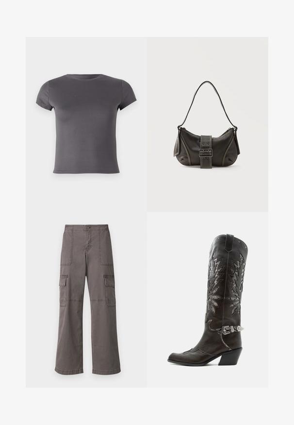 T-shirt gris à manches courtes en tissu lisse, doté d'un col rond et d'une coupe ajustée sans motifs ni accents visibles.; Pantalons cargo gris en coton avec un design à jambes larges, dotés de deux poches avant, de deux poches latérales et de détails de couture visibles.; Botte de cowboy en cuir noir avec découpes décoratives, boucle argentée et talon incliné, présentée sur fond blanc.; Sac à épaule en cuir noir avec une sangle à boucle, des bords arrondis et des coutures blanches contrastées sur un fond uni.
