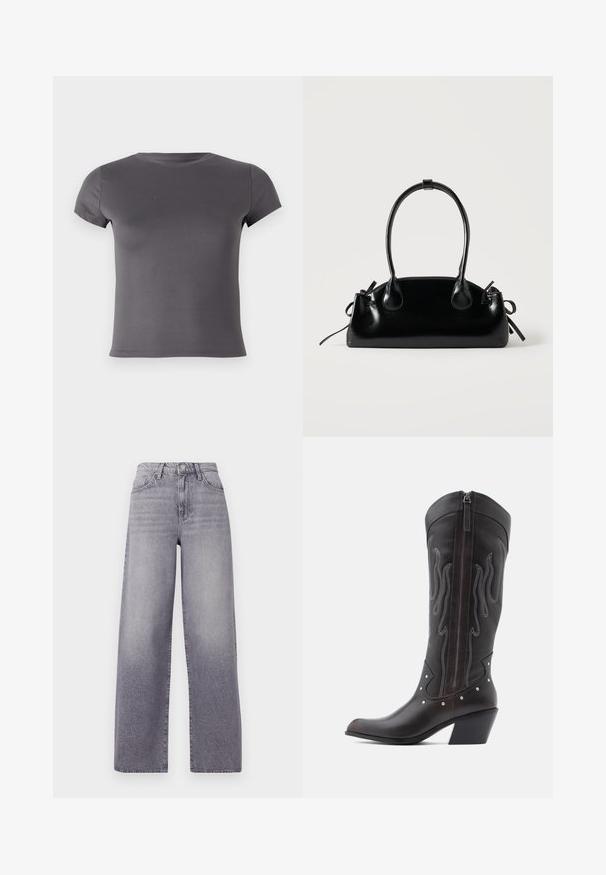 T-shirt gris à manches courtes en tissu lisse, doté d'un col rond et d'une coupe ajustée sans motifs ni accents visibles.; Jeans taille haute à jambes larges en denim gris clair. Présentent un design classique à cinq poches, un léger délavage et une fermeture à bouton en métal.; Bottes de cowboy en cuir marron avec surpiqûres en forme de flammes, fermeture éclair latérale, clous argentés, bout pointu et talon superposé.; Petit sac à main noir brillant avec deux longues anses et des détails à cordon sur les côtés sur un fond clair uni.
