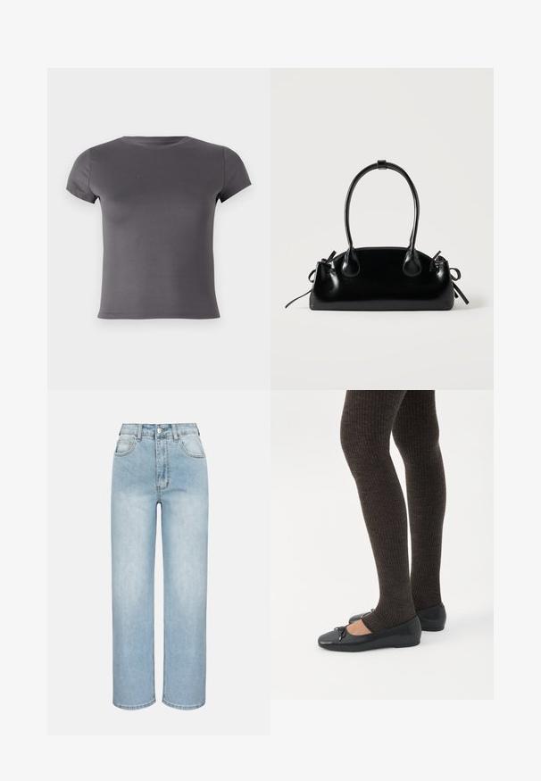 Grå kortærmet T-shirt lavet af glat stof, med en rund udskæring og en tætsiddende pasform uden synlige mønstre eller detaljer.; Lyseblå jeans med høj talje og lige ben, foran med knapper, lynlås, bæltestropper og fem-lomme-design på en ensfarvet baggrund.; Ben iført mørke ribbede leggings kombineret med sorte balletsko med små sløjfedetaljer på hvid baggrund.; Lille sort blank håndtaske med to lange håndtag og snøre-detaljer i siden på en ensfarvet lys baggrund.