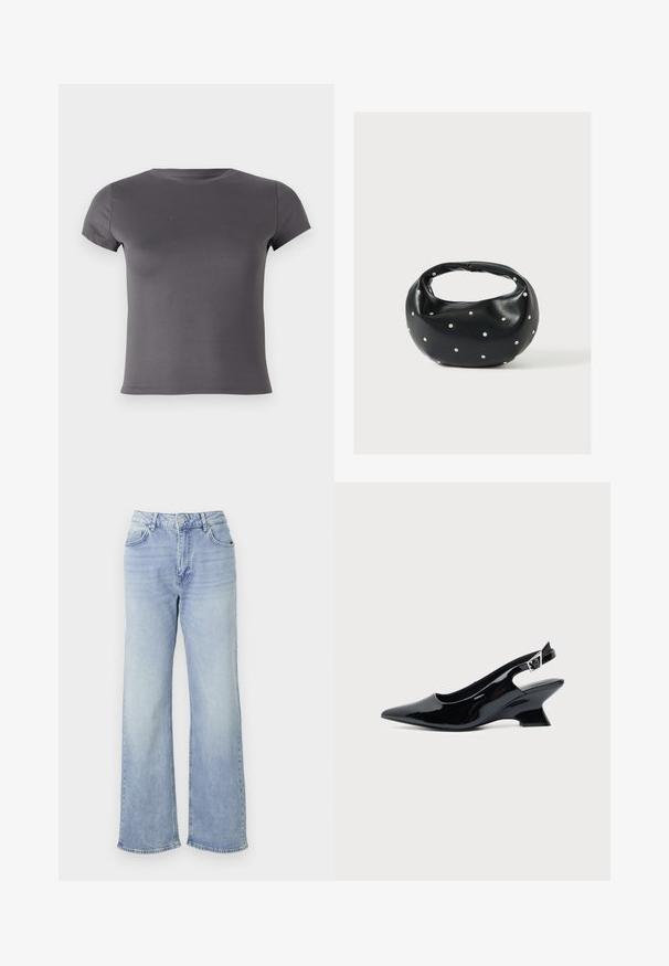 Grå kortærmet T-shirt lavet af glat stof, med en rund udskæring og en tætsiddende pasform uden synlige mønstre eller detaljer.; Lyseblå vide jeans lavet af denim, med høj talje, fem lommer og en kant med subtilt slid.; Sort laklæder slingback sko med spids tå og lav vinklet blokhæl på ensartet lys baggrund.; Sort læderhåndtaske med en rundet form, dekoreret med sølvnitter, og et kort håndtag. Glat tekstur og lynlåslukning.