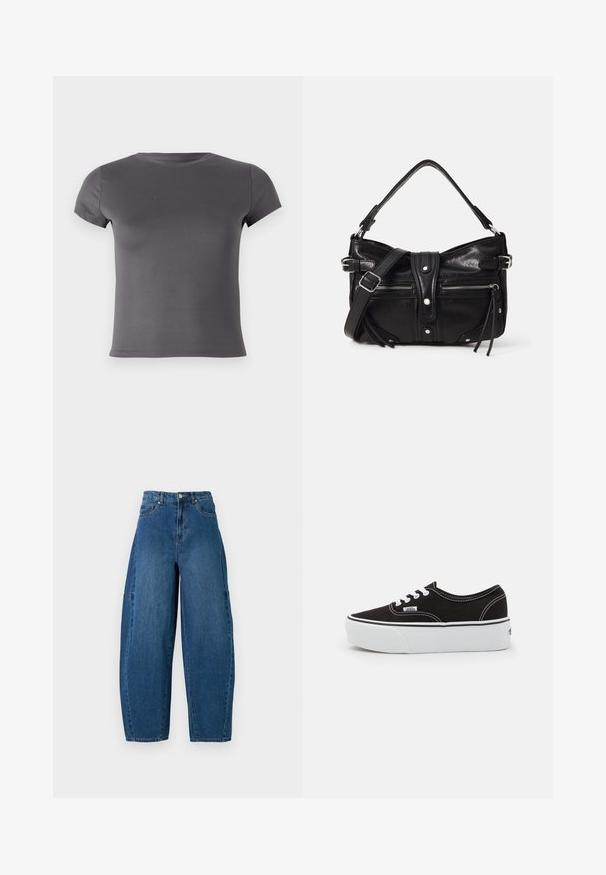 Grå kortærmet T-shirt lavet af glat stof, med en rund udskæring og en tætsiddende pasform uden synlige mønstre eller detaljer.; Denimjeans i en mellemblå vask, med højt liv, bred benpasform og standard fem-lomme design med synlige stikninger.; Sort lærred sneakers med en hvid gummi platform sål, der har hvide snørebånd og syninger, ikonisk branding på siden, lav-top design.; Even&Odd H24462 - Håndtasker - black