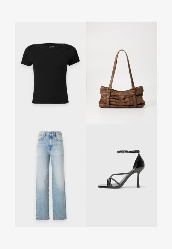 Haut noir côtelé à manches courtes ajusté avec encolure bateau et étiquette "Casual Elegance ONLY" à l'intérieur du col.; Jean en denim bleu clair à jambes larges, avec une taille haute, un léger délavage et un design classique à cinq poches avec des coutures contrastées.; Sandale à talons hauts en cuir verni noir avec une sangle autour de la cheville, présentant des brides croisées et un élégant bout pointu.; Even&Odd Sac à main - brown