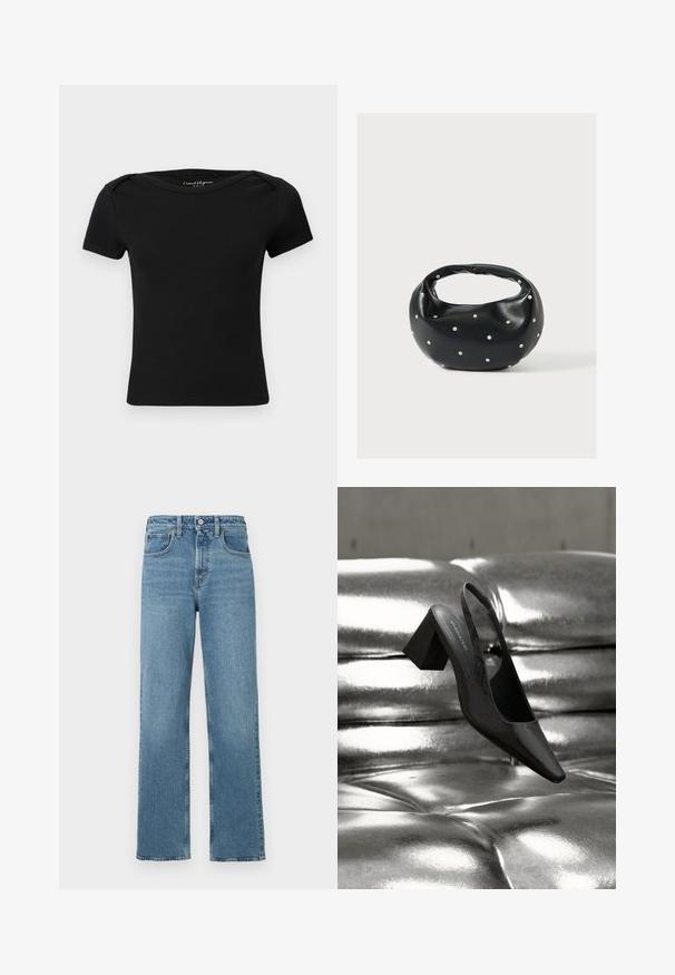 Haut noir côtelé à manches courtes ajusté avec encolure bateau et étiquette "Casual Elegance ONLY" à l'intérieur du col.; Jeans en denim droits taille haute bleus avec bouton à l'avant et poches sur fond blanc.; Escarpin noir à bride arrière avec bout pointu, présentant une surface texturée et un talon bloc épais. Posé sur un fond métallique brillant.; Sac à main en cuir noir de forme arrondie, décoré de clous argentés et équipé d'une poignée courte. Texture lisse et fermeture éclair.