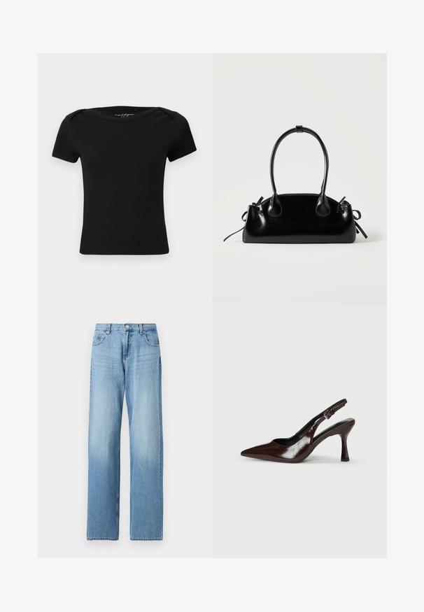 Haut noir côtelé à manches courtes ajusté avec encolure bateau et étiquette "Casual Elegance ONLY" à l'intérieur du col.; Jean denim bleu clair à jambe droite avec fermeture avant par bouton et fermeture éclair, passants de ceinture, et poches avant et arrière.; Talons slingback en cuir verni brun avec un bout pointu, un talon fin, et une sangle réglable avec une petite boucle.; Petit sac à main noir brillant avec deux longues anses et des détails à cordon sur les côtés sur un fond clair uni.