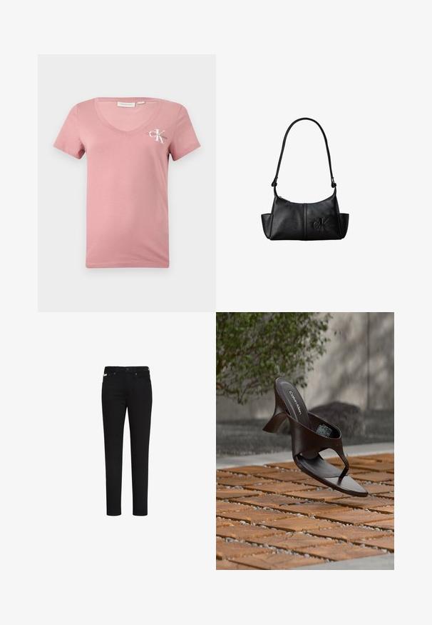 Camiseta de algodón rosa con cuello en V y mangas cortas, que presenta un logo blanco de Calvin Klein y la letra "K" en el área del lado izquierdo del pecho. Textura suave.; Vaqueros negros de corte ajustado con botón y cremallera delanteros, con bolsillos delanteros y traseros y una pequeña etiqueta en el bolsillo delantero derecho.; Sandalia de tiras con tacón marrón de Calvin Klein suspendida sobre suelo exterior de loseta de madera y grava, con fondo desenfocado de vegetación y piedras.; Bolso de hombro de cuero negro con correa larga, bolsillos laterales y logo de Calvin Klein en relieve en la parte delantera.
