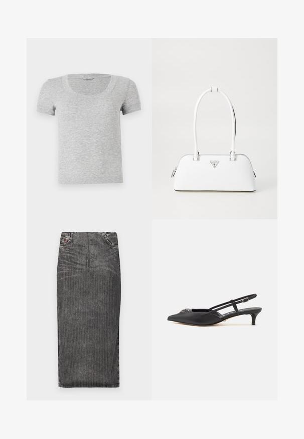 Camiseta gris de manga corta con cuello redondo, hecha de una tela suave y texturizada. Presenta un diseño de ajuste estándar y sencillos detalles de costura.; Falda midi de mezclilla gris con rayas verticales, con cintura alta, diseño de cinco bolsillos y dobladillo limpio.; Zapatos slingback negros con punta afilada, hechos de material suave, con un pequeño tacón y un acento decorativo plateado en el empeine.; Bolso de cuero blanco con forma curva, que presenta un logo triangular plateado y cierre de cremallera. Textura lisa y dos asas.