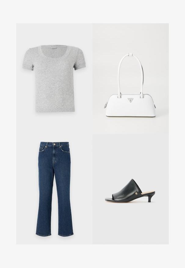 Camiseta gris de manga corta con cuello redondo, hecha de una tela suave y texturizada. Presenta un diseño de ajuste estándar y sencillos detalles de costura.; Jeans de mezclilla de tiro alto, de color azul oscuro, con un diseño acampanado y una cintura definida. Tiene bolsillos frontales y herrajes en tono dorado. Textura suave con detalles de costura.; Mules de cuero negro de punta abierta con un tacón bajo. Presentan una superficie lisa y un acento del logo dorado en el costado.; Bolso de cuero blanco con forma curva, que presenta un logo triangular plateado y cierre de cremallera. Textura lisa y dos asas.