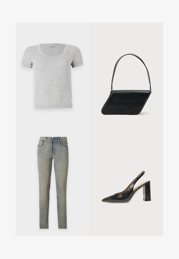 Camiseta gris de manga corta con cuello redondo, hecha de una tela suave y texturizada. Presenta un diseño de ajuste estándar y sencillos detalles de costura.; Jeans ajustados en denim azul claro, con cremallera frontal, cinco bolsillos y un lavado desvanecido con sutiles variaciones de color.; Zapato slingback de piel negra con puntera puntiaguda, tacón alto y ancho, y forro interior beige sobre un fondo claro y liso.; Bolso de hombro de cuero negro con forma triangular, logo en relieve y una sola correa ajustable. Diseño minimalista con textura suave.
