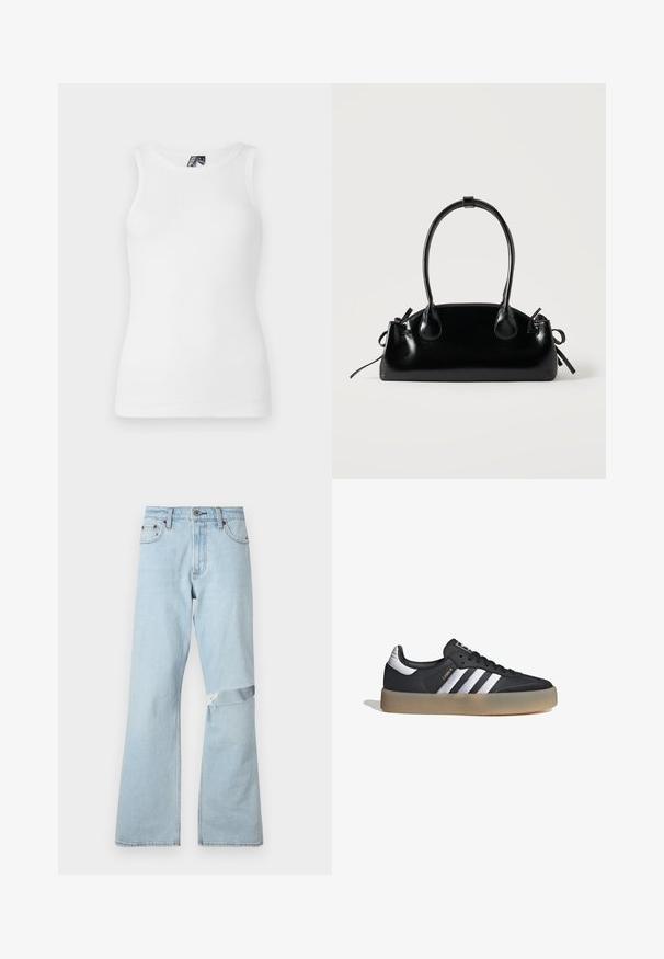 Top de tirantes blanco con canalé, que presenta un escote redondo y un diseño sin mangas, hecho de una suave mezcla de algodón con una silueta ajustada.; Jeans de mezclilla azul claro con un diseño acampanado, que presentan un parche desgastado en la rodilla y bolsillos frontales estándar.; Zapatilla deportiva de cuero negro con tres rayas plateadas, punta texturizada y suela de goma. Cuenta con un collar acolchado y un diseño con cordones.; Pequeño bolso negro brillante con dos asas largas y detalles de cordón lateral sobre un fondo claro liso.