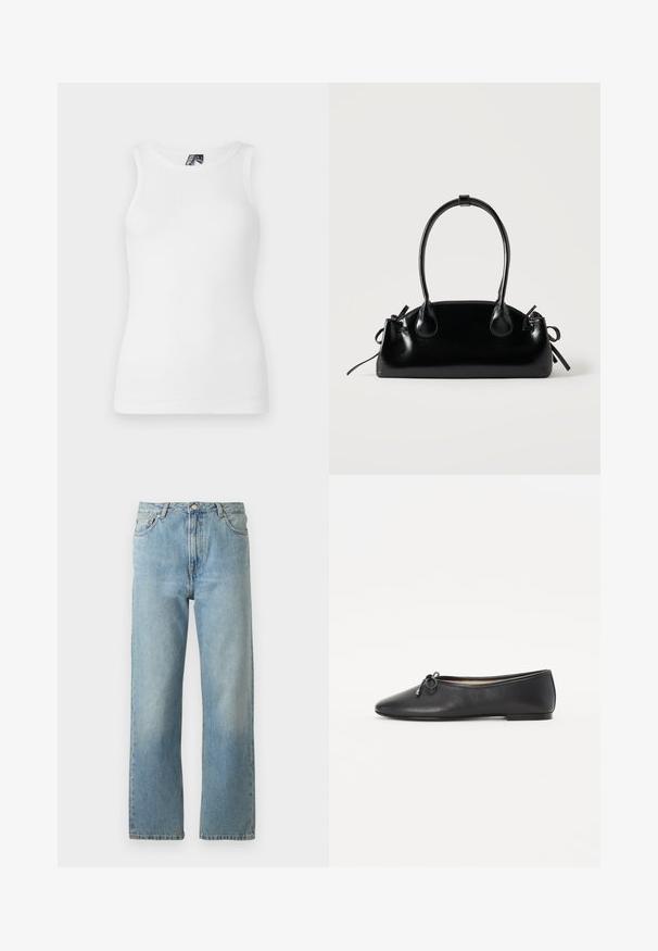 Weißes, geripptes Tanktop mit rundem Ausschnitt und ärmellosem Design, gefertigt aus einem weichen Baumwollmix mit taillierter Silhouette.; Hellblaue Denim-Jeans mit geradem Bein, ausgestattet mit einem Fünf-Taschen-Stil und einem Knopfverschluss am Bund.; Schwarze Leder-Ballerinas mit runder Zehenpartie und dekorativem Schleifchen. Das Design zeichnet sich durch eine glatte Textur und einen niedrigen, flachen Absatz aus.; Kleine schwarze glänzende Handtasche mit zwei langen Griffen und seitlichen Kordelzug-Details vor einfachem hellem Hintergrund.