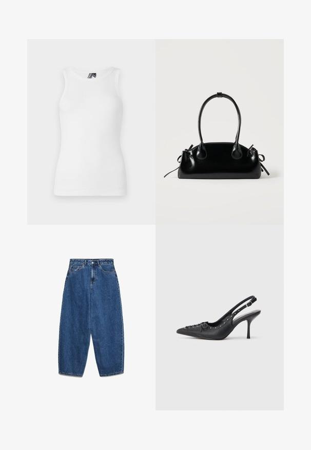 Hvid ribbet tanktop med rund halsudskæring og ærmeløst design, lavet af en blød bomuldsblanding med en tætsiddende silhuet.; Blå denimjeans med høj talje, afslappet pasform og lige ben. Klassisk design med fem lommer, lynlås og knaplukning.; Sorte læder slingback stiletto med spids tå, side spændebånd, nitter langs kanten og dekorativ snøring foran.; Lille sort blank håndtaske med to lange håndtag og snøre-detaljer i siden på en ensfarvet lys baggrund.