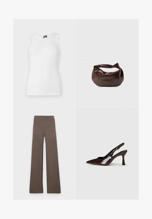Top de tirantes blanco con canalé, que presenta un escote redondo y un diseño sin mangas, hecho de una suave mezcla de algodón con una silueta ajustada.; Pantalones acampanados con canalé en color marrón oscuro, con cintura elástica y una tela suave y texturizada.; Zapatos de tacón slingback de charol marrón con punta afilada, tacón delgado y correa ajustable con una pequeña hebilla.; Bolso de hombro de cuero marrón oscuro con una forma suave y caída, y un asa con nudo torcido sobre un fondo blanco liso.