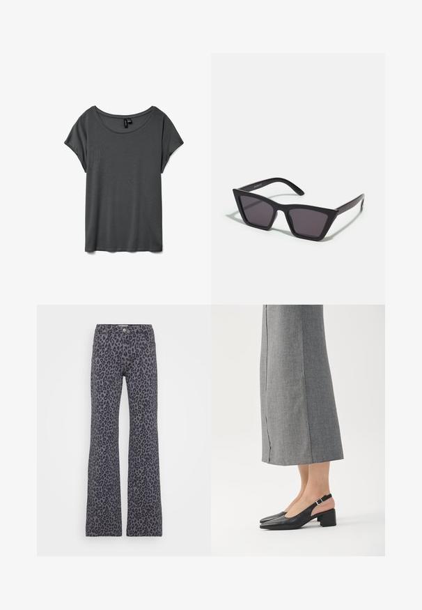 T-shirt gris à manches courtes avec un col rond large, en tissu doux et à coupe décontractée. Aucun motif ni accent visible. Texture lisse.; Jean évasés gris avec un motif léopard noir. Ils sont dotés d'une fermeture à bouton et d'un design à cinq poches.; Chaussures slingback en cuir noir avec bout pointu, talon bloc et accent de talon rose contrastant. Texture lisse avec un design minimaliste.; Lunettes noires angulaires avec des verres gris ; fabriquées en plastique, avec des branches épaisses à la surface lisse et sans matériel visible.