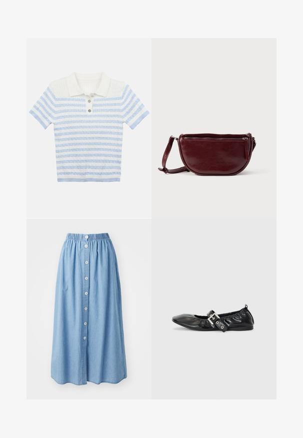 Polo-shirt tricoté avec un col blanc. Possède des rayures horizontales bleu clair et blanches. Trois boutons décoratifs à l'avant.; Jupe en denim bleu clair avec une taille élastique et une rangée de six boutons à l'avant. Longueur genou avec un design ample et fluide.; Chaussure plate en cuir noir avec un nez pointu, des détails froncés autour de l'ouverture et un accent en boucle argentée sur la bride ajustable.; Sac à main en cuir marron foncé avec une forme en demi-lune, une fermeture éclair et une bandoulière amovible. Texture lisse avec un léger éclat.