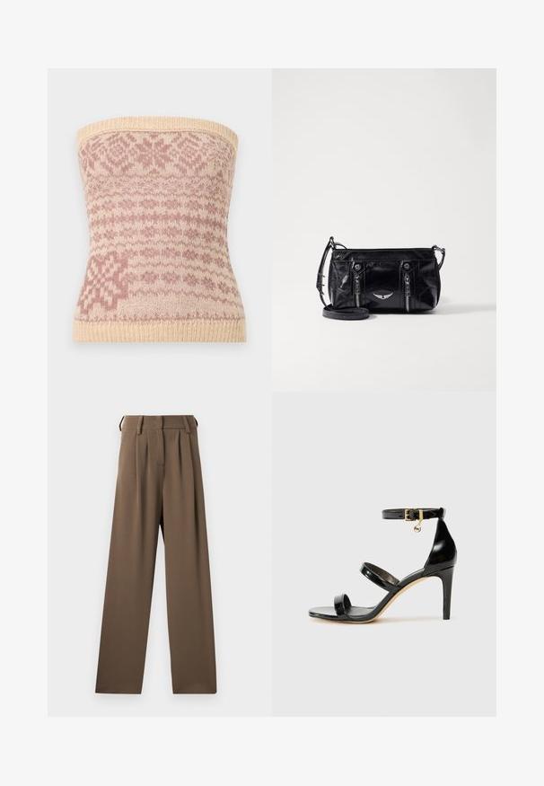 Strikket strapless top i beige med pink geometriske mønstre. Har en ribbet kant og blød tekstur, velegnet til lag-på-lag.; Brune vidde bukser med en struktureret talje, frontfald og en glat, mat tekstur. Ingen synlige lommer eller udsmykninger.; Sorte patenterede lædersandaler med tre stropper, ankelspænde og 10 cm stiletthæl. Har detaljer i guld og et logo charms.; Sort faux læder crossbody taske med lynlåslommer, et dekorativt sølv emblem og en justerbar rem. Glossy tekstur og kompakt form.