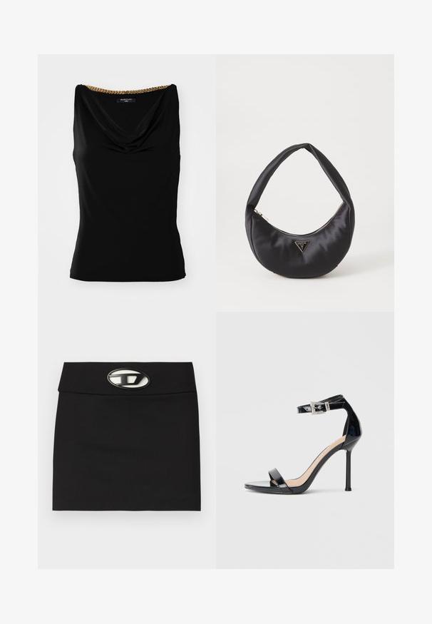 Haut sans manches noir avec un décolleté drapé et un accent en chaîne dorée à l'épaule. Fabriqué en tissu lisse avec une coupe ajustée.; Mini-jupe noire avec une taille plate. Dotée d'une boucle logo métallique proéminente à l'avant. Fabriquée en tissu lisse sans motifs visibles.; Sandale à talon haut en cuir verni noir avec bride à la cheville. Présente un design minimaliste, un bout ouvert et une boucle ornée de strass.; Sac à main en satin noir avec une forme courbée, doté d'une fermeture à glissière et d'un logo triangulaire en métal à l'avant. Texture lisse et design épuré.