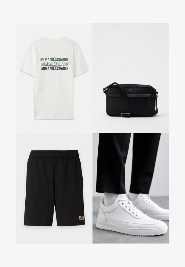 Hvid bomulds t-shirt med gentaget tekst "ARMANIEXCHANGE" i grøn, blå og sort. Korte ærmer og en klassisk rund halsudskæring.; Sorte atletiske shorts lavet af blødt stof, med en elastisk talje og et lille gult EA7-logo nederst på venstre ben.; Hvide lædersneakers med en flad gummisål, der har en glat overflade, rund tå og metaløjer til snørebånd. Bæret med sorte bukser.; Sorte nylon skuldertaske med en kontrasterende rem, slank rektangulær form, logo detaljer og en lynlåslomme på forsiden.