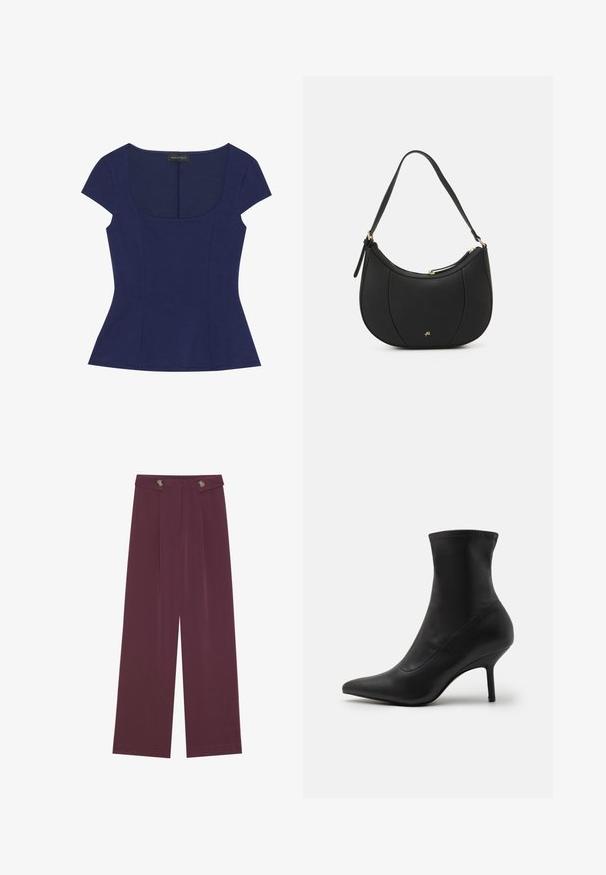 Haut ajusté bleu marine à manches courtes avec décolleté en arrondi et coutures délicates, étiqueté Anna Field.; Pantalons taille haute, jambes larges en prune profonde avec deux boutons à la taille et des poches latérales, présentés à plat sur un fond blanc.; Anna Field by Zalando Bottines - black; Sac à main en cuir noir avec une forme courbée, surface texturée, coutures avant et un logo doré. Il est doté d'une seule sangle ajustable.