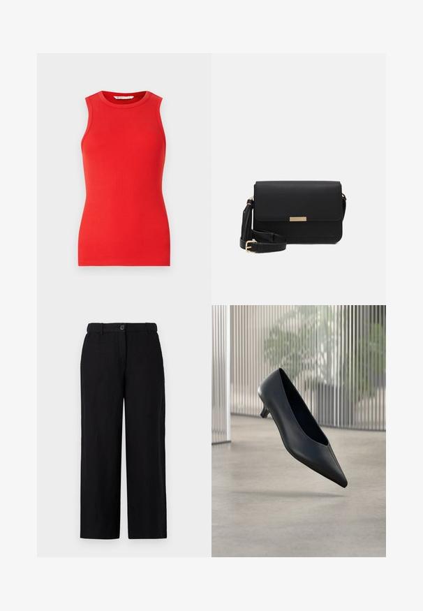 Haut sans manches rouge en matériau côtelé, avec un col rond et une coupe ajustée, sans embellissements ni motifs.; Pantalons larges noirs en tissu léger, dotés d'une fermeture à bouton sur le devant et de passants de ceinture. Texture lisse sans motifs visibles.; Chaussure noire à talon kitten à bout pointu flottant au-dessus d'un sol en béton lisse avec des panneaux translucides verticaux en arrière-plan.; Sac en cuir noir avec un rabat, accents en matériel doré, sangle réglable et surface texturée. Forme rectangulaire compacte.