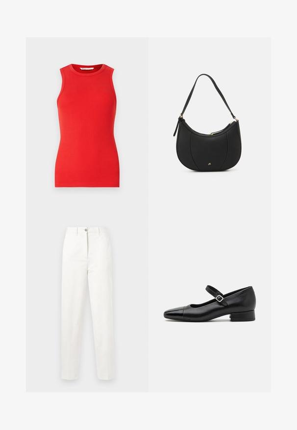 Haut sans manches rouge en matériau côtelé, avec un col rond et une coupe ajustée, sans embellissements ni motifs.; Pantalon en coton blanc avec une coupe droite, une texture subtile, une braguette zippée et une fermeture à bouton unique à la taille. Aucun détail de poche visible.; Chaussures Mary Jane en cuir noir avec un embout en vernis, une sangle cheville réglable et un petit talon carré. Texture lisse et design élégant.; Sac à main en cuir noir avec une forme courbée, surface texturée, coutures avant et un logo doré. Il est doté d'une seule sangle ajustable.