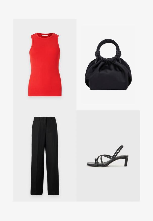 Haut sans manches rouge en matériau côtelé, avec un col rond et une coupe ajustée, sans embellissements ni motifs.; Pantalons larges noirs fabriqués à partir d'un tissu léger. Caractéristiques d'un devant plat avec passants de ceinture et poches latérales, offrant une coupe décontractée.; Sandale noire à lanières avec un bout carré et un petit talon bloc. Elle présente plusieurs fines lanières et une sangle de cheville ajustable. Fabriquée en cuir lisse.; Sac à main en tissu noir doux avec haut froncé et poignées circulaires rembourrées nouées de chaque côté.