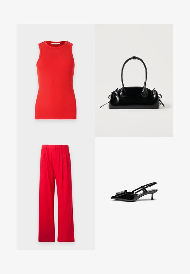 Haut sans manches rouge en matériau côtelé, avec un col rond et une coupe ajustée, sans embellissements ni motifs.; Pantalons larges rouges en tissu doux, avec des plis sur le devant, une taille plate et une texture lisse. Pas de poches visibles ni de motifs.; Talons aiguilles en cuir verni noir avec un bout pointu, un détail en nœud à l'avant et un petit talon stiletto. Les brides sont équipées de boucles ajustables.; Petit sac à main noir brillant avec deux longues anses et des détails à cordon sur les côtés sur un fond clair uni.