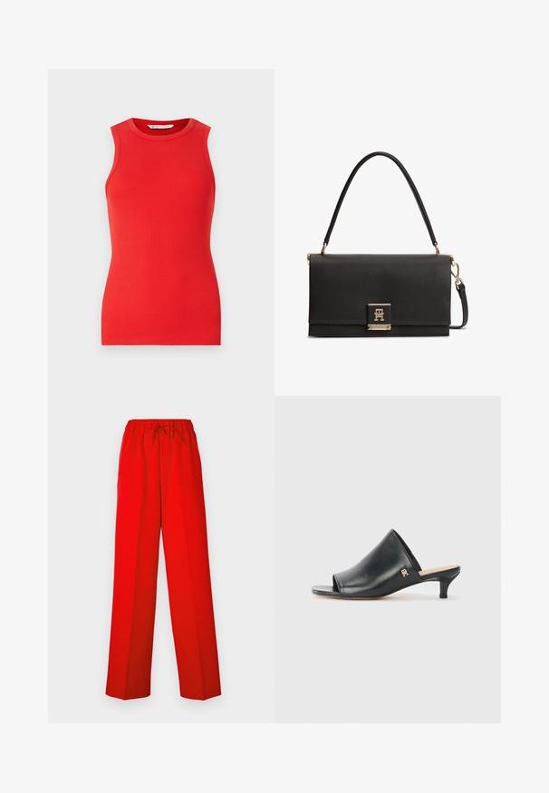 Haut sans manches rouge en matériau côtelé, avec un col rond et une coupe ajustée, sans embellissements ni motifs.; Pantalon rouge à jambe large, en tissu lisse. Dispose d'une taille élastique et de détails en cordon pour un ajustement réglable.; Mules ouverts en cuir noir avec un talon bas. Présentent une surface lisse et un accent logo doré sur le côté.; Sac à main en cuir noir texturé avec une poignée supérieure, un fermoir doré présentant un logo TH entrelacé, et une bandoulière détachable.
