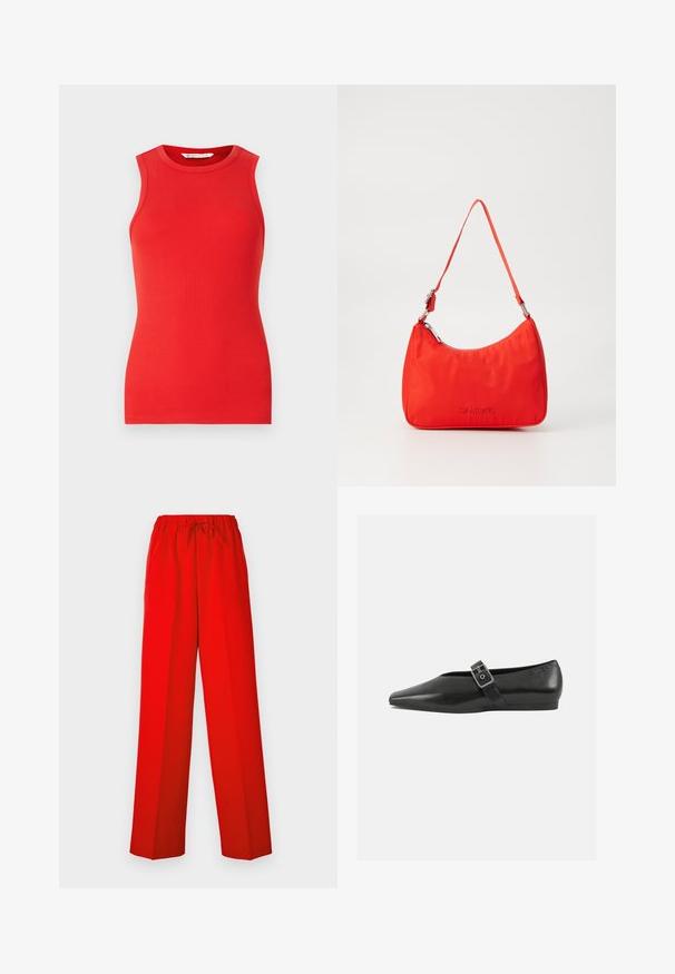 Haut sans manches rouge en matériau côtelé, avec un col rond et une coupe ajustée, sans embellissements ni motifs.; Pantalon rouge à jambe large, en tissu lisse. Dispose d'une taille élastique et de détails en cordon pour un ajustement réglable.; Chaussure plate en cuir noir avec un orteil pointu, présentant une sangle à boucle métallique sur le cou-de-pied et une semelle basse et flexible.; Sac à main en nylon rouge avec une silhouette courbée, une seule anse, des accessoires en métal argenté et un logo embossé à l'avant. Texture lisse.