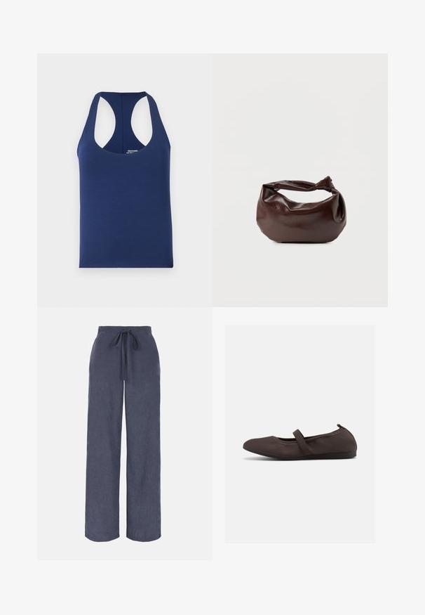 Débardeur sans manches bleu marine en coton doux. Présente un col rond et de larges emmanchures. Design simple et ajusté sans motifs.; Pantalon bleu marine à jambes larges avec ceinture élastique et cordon à l'avant, en tissu doux et texturé.; Ballerine marron avec bride élastique et bout arrondi, présentée sur fond blanc, vue de côté.; Sac bandoulière en cuir marron foncé avec une forme souple et décontractée et une anse nouée torsadée sur un fond blanc uni.