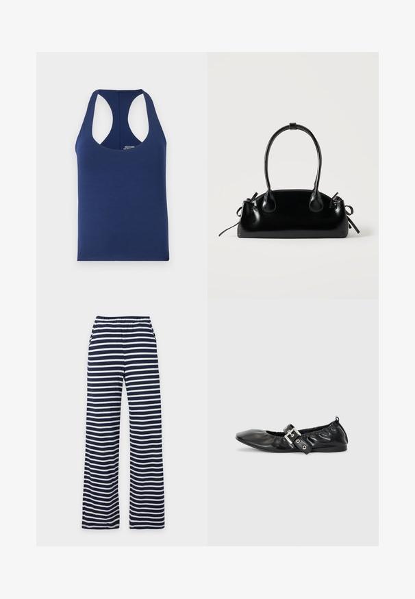 Débardeur sans manches bleu marine en coton doux. Présente un col rond et de larges emmanchures. Design simple et ajusté sans motifs.; Pantalon à jambes larges bleu marine et blanc à rayures horizontales, avec taille élastique et poches latérales, présenté de face.; Chaussure plate en cuir noir avec un nez pointu, des détails froncés autour de l'ouverture et un accent en boucle argentée sur la bride ajustable.; Petit sac à main noir brillant avec deux longues anses et des détails à cordon sur les côtés sur un fond clair uni.