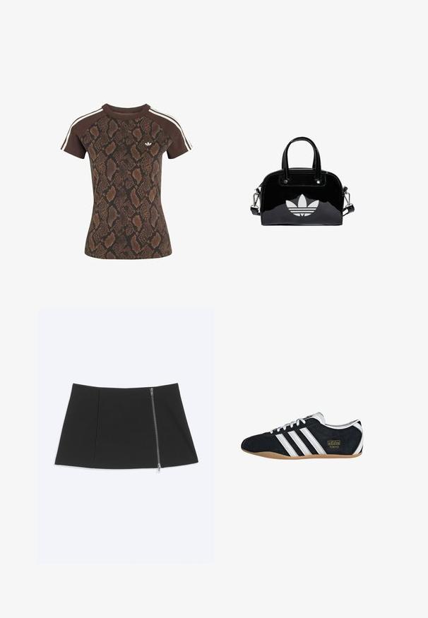 Ruskea lyhythihainen paita, jossa tumma käärmeen nahkakuosi, yksiväriset ruskeat hihat, joissa valkoiset raidat, ja pieni valkoinen Adidas-logo rinnassa.; Musta minihame, jossa hopeinen vetoketju kulkee diagonaalisesti oikeaa sivua alas, sileä kangas, hieman liehuleikkaus helmassa.; Mustat mokkakengät, joissa on valkoiset kolme raitaa, kultainen logo ja ruskea kumipohja. Varustettu matalaprofiilisella nauhakiinnityksellä.; Musta lakattu nahkalaukku pyöreällä muodolla, kaksinkertaisilla pääkäsittelyillä, hopeisilla yksityiskohdilla ja näkyvällä valkoisella logolla edessä.