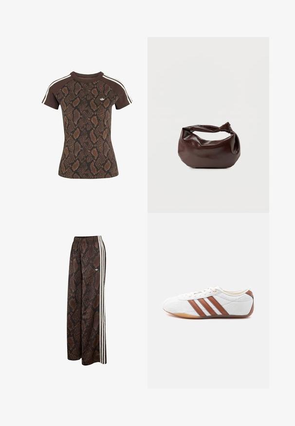 Ruskea lyhythihainen paita, jossa tumma käärmeen nahkakuosi, yksiväriset ruskeat hihat, joissa valkoiset raidat, ja pieni valkoinen Adidas-logo rinnassa.; Ruskean ja mustan käärmeenahkakuosiset leveälahkeiset housut valkoisilla sivuraitoja ja joustavalla vyötäröllä, joissa pieni Adidas-logo.; Valkoinen matala tennarikenkä, jossa ruskeat nahkaraitoja, nauhallinen suljenta ja kuminen pohja, esitettynä sisäpuolelta valkoisella taustalla.; Tummanruskea nahkainen olkalaukku, jossa on pehmeä, rento muoto ja kiertynyt solmukahva valkoisella taustalla.