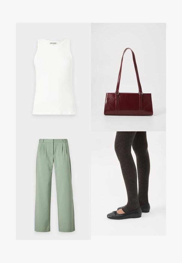 Débardeur blanc sans manches en tissu côtelé avec un col arrondi et une coupe ajustée. Texture lisse et logo de la marque discret au niveau du col.; Pantalons ajustés verts en tissu lisse. Présentent une coupe droite, des plis à l'avant et des poches latérales.; Jambes portant des leggings côtelés foncés associés à des ballerines noires avec de petits détails en nœud sur fond blanc.; Sac à main bordeaux en matériau brillant, de forme rectangulaire, avec deux anses et des accents légèrement courbés à l'avant.